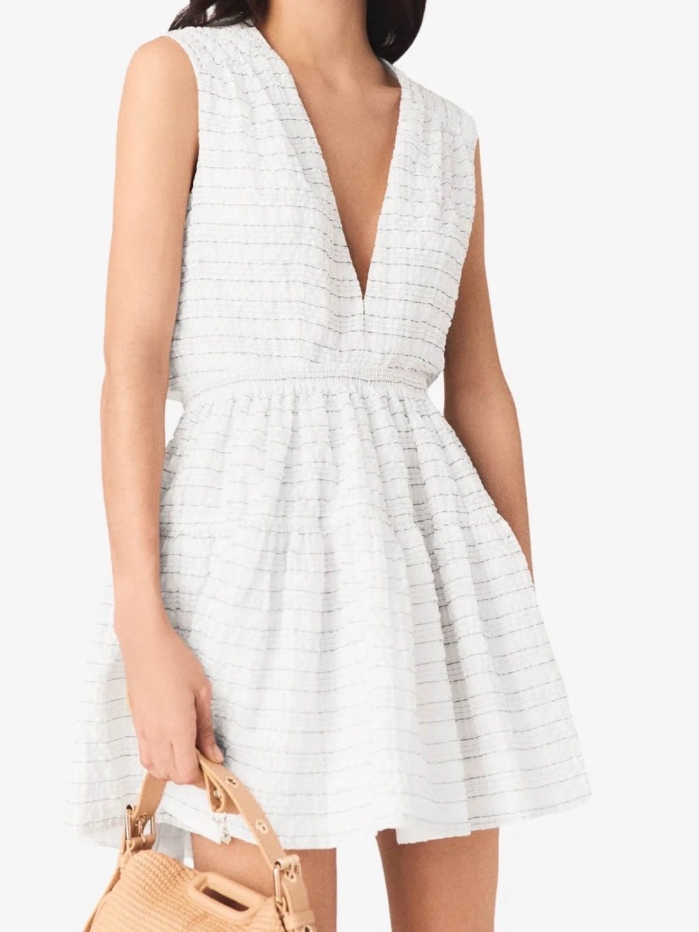 Maje Ribianco  White V-Neck Textured Mini Dress